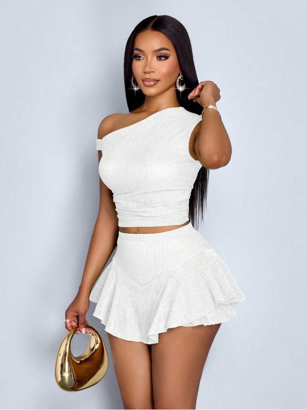 White Ribbed One-Shoulder Crop Top and Ruffle Skort Set